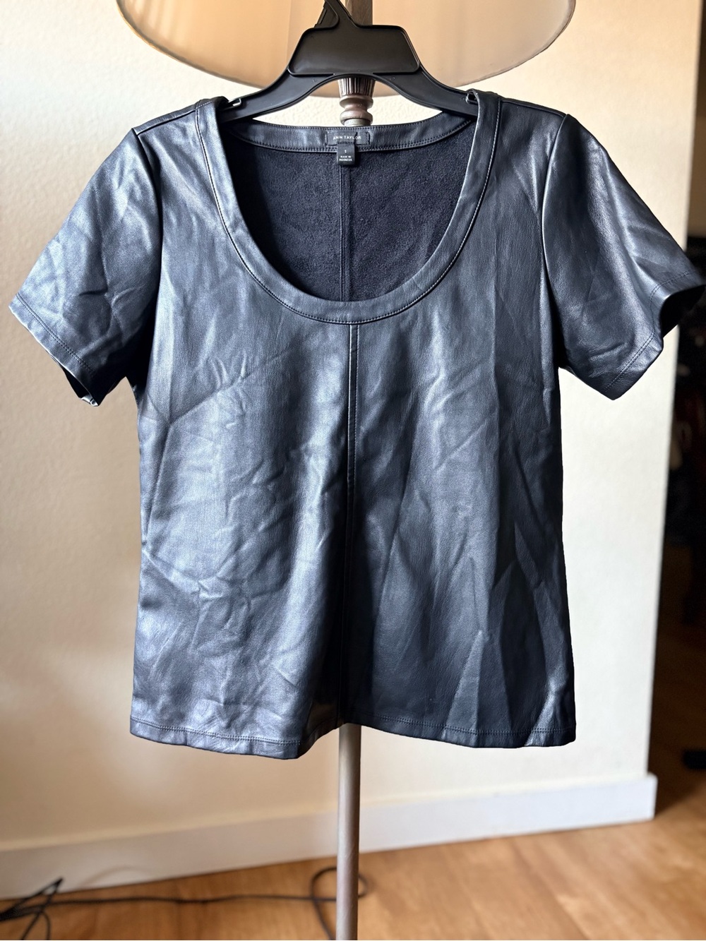 Ann Taylor Black Faux Leather Short Sleeve Scoop Neck Top - Size S